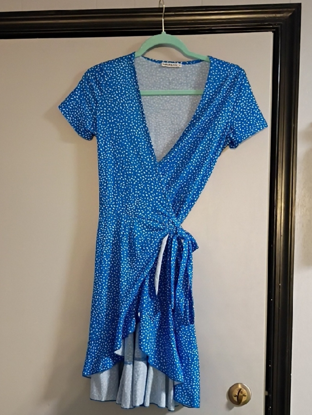 Blue Printed Wrap High-Low Dress with Tie Waist